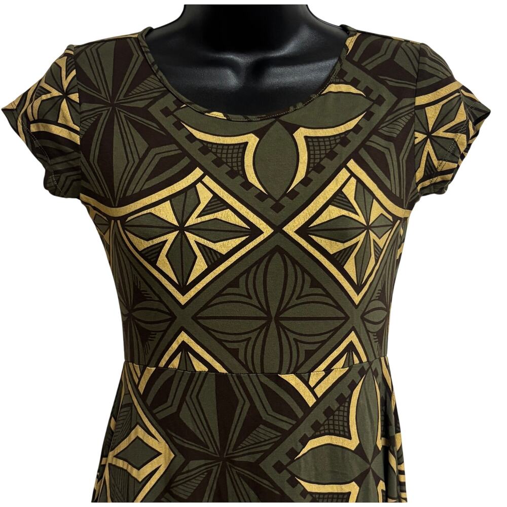Tanoa Girls 14 Tribal Print Dress Olive Green Gold Short Sleeve Tribal Samoan - Picture 2 of 8